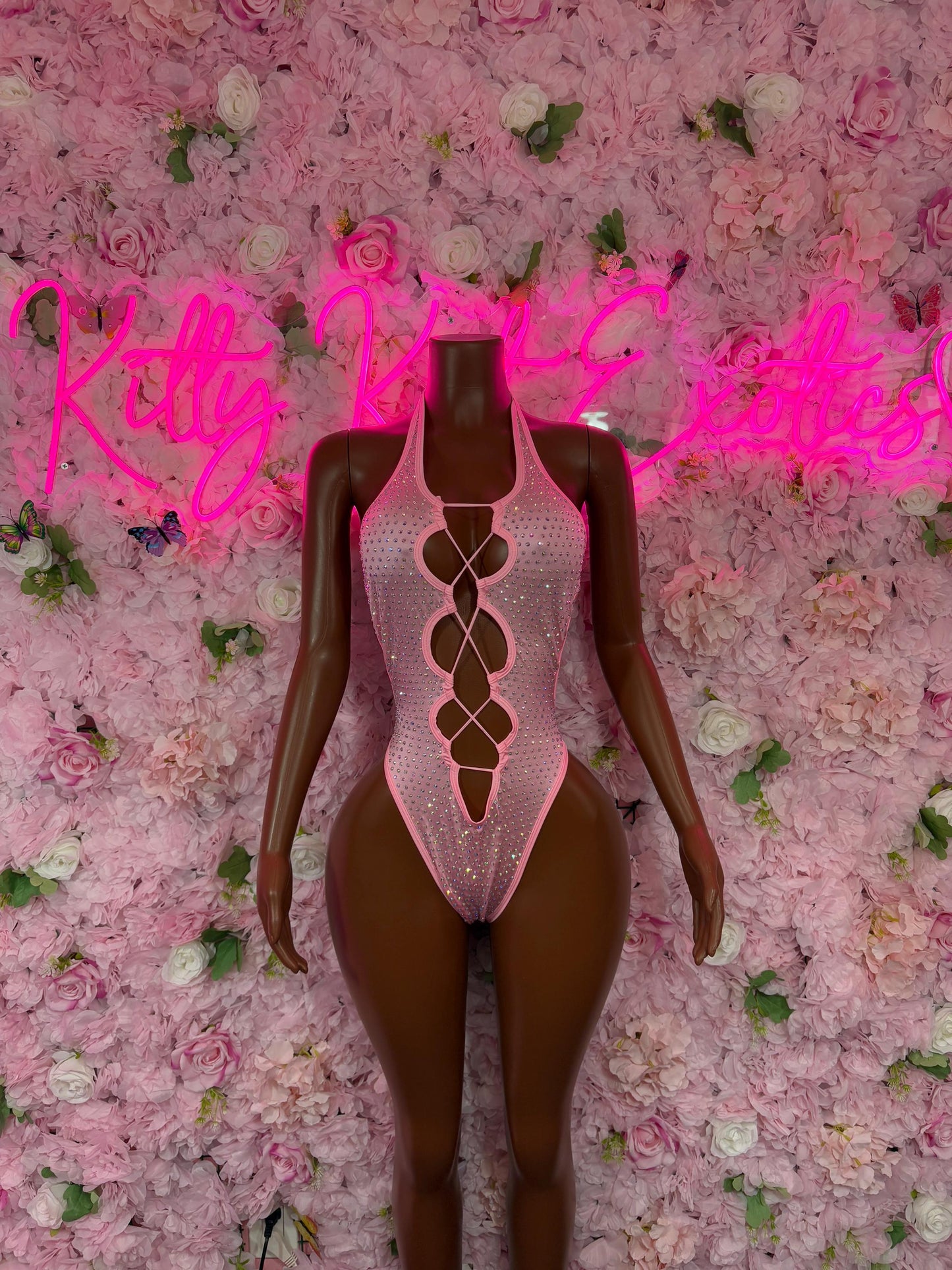 Rave Outfit One-Piece Pink Rhinestone Costume  Sparkly Stripper Outfit, Go-Go Dancer Set