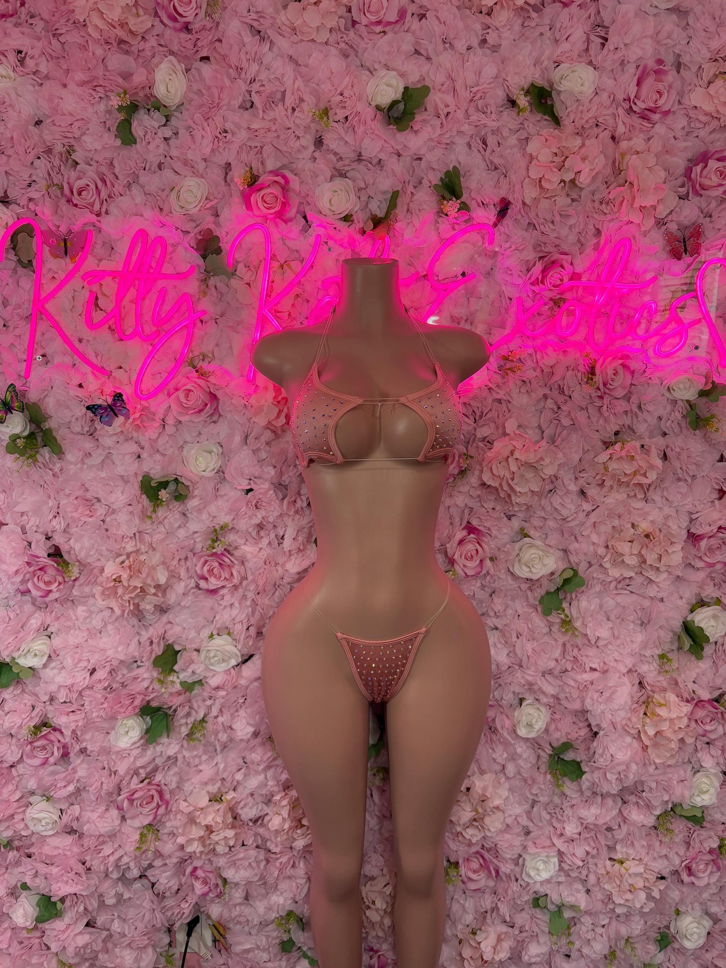 Rave Outfit One-Piece Pink Rhinestone Bikini  Sparkly Stripper Outfit, Festival & Dancer Set