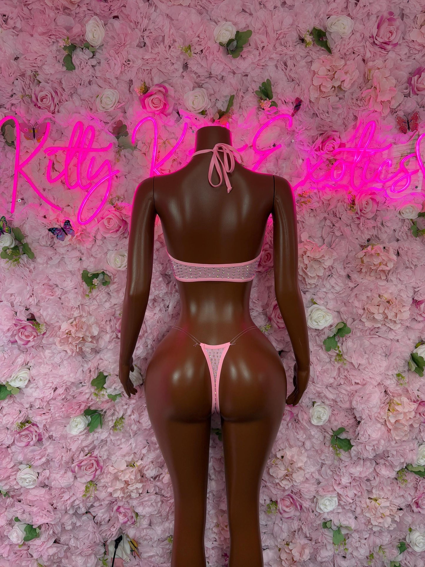 Womens Festival Outfit Two-Piece Pink Rhinestone Bikini  Sparkly Stripper Outfit, Festival & Dancer