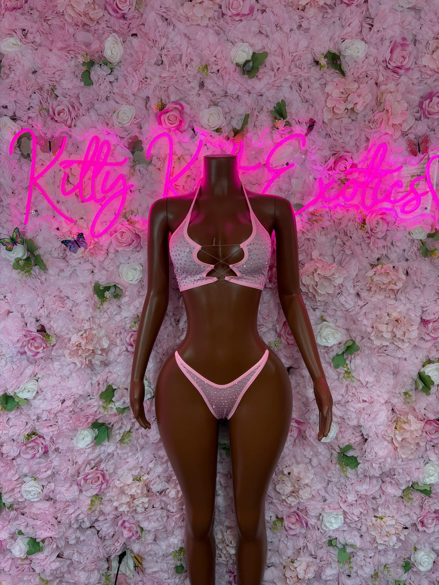 Womens Festival Outfit Two-Piece Pink Rhinestone Bikini  Sparkly Stripper Outfit, Festival & Dancer