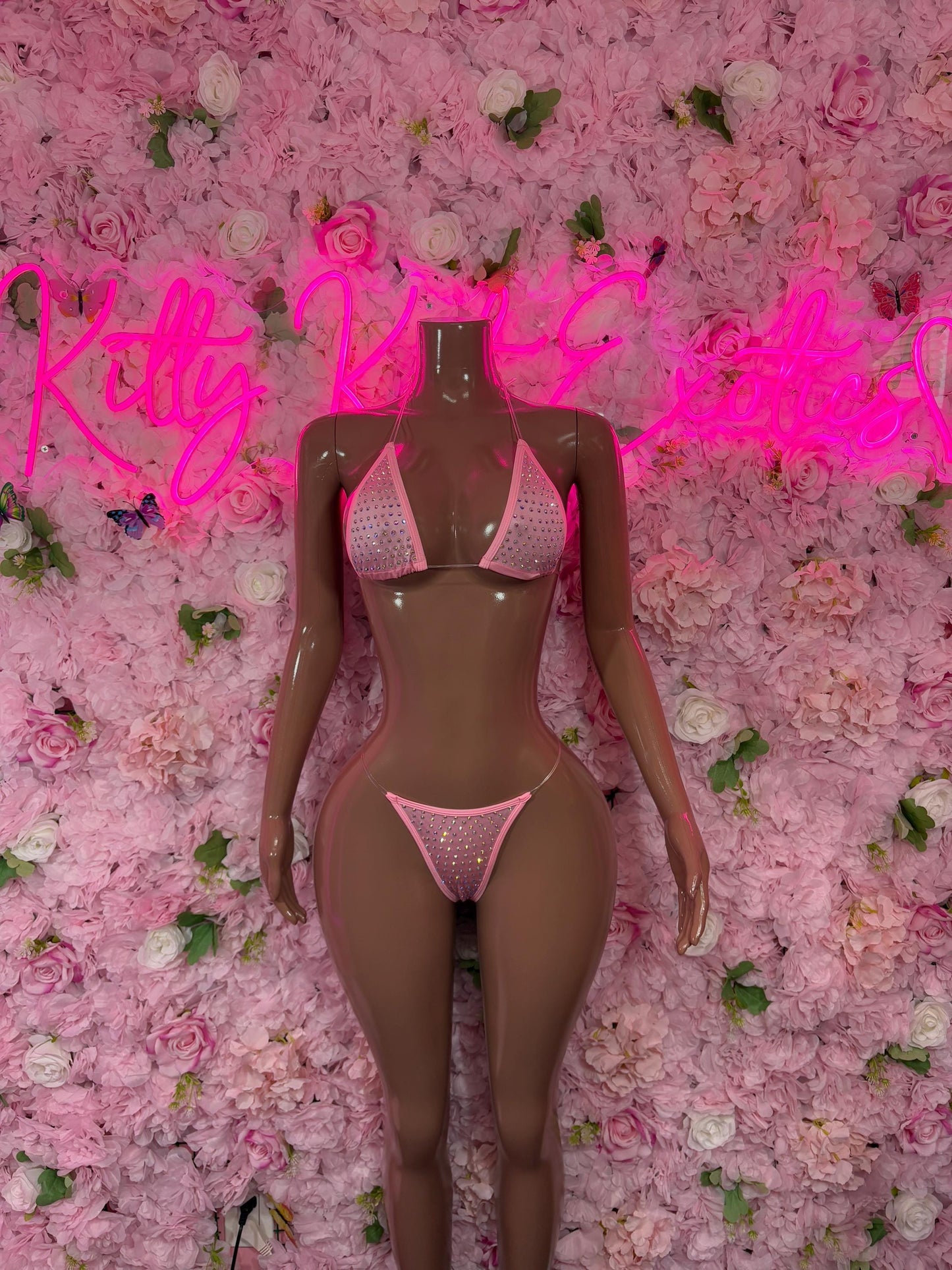 Womens Festival Outfit Two-Piece Pink Rhinestone Bikini  Sparkly Stripper Outfit, Festival & Dancer