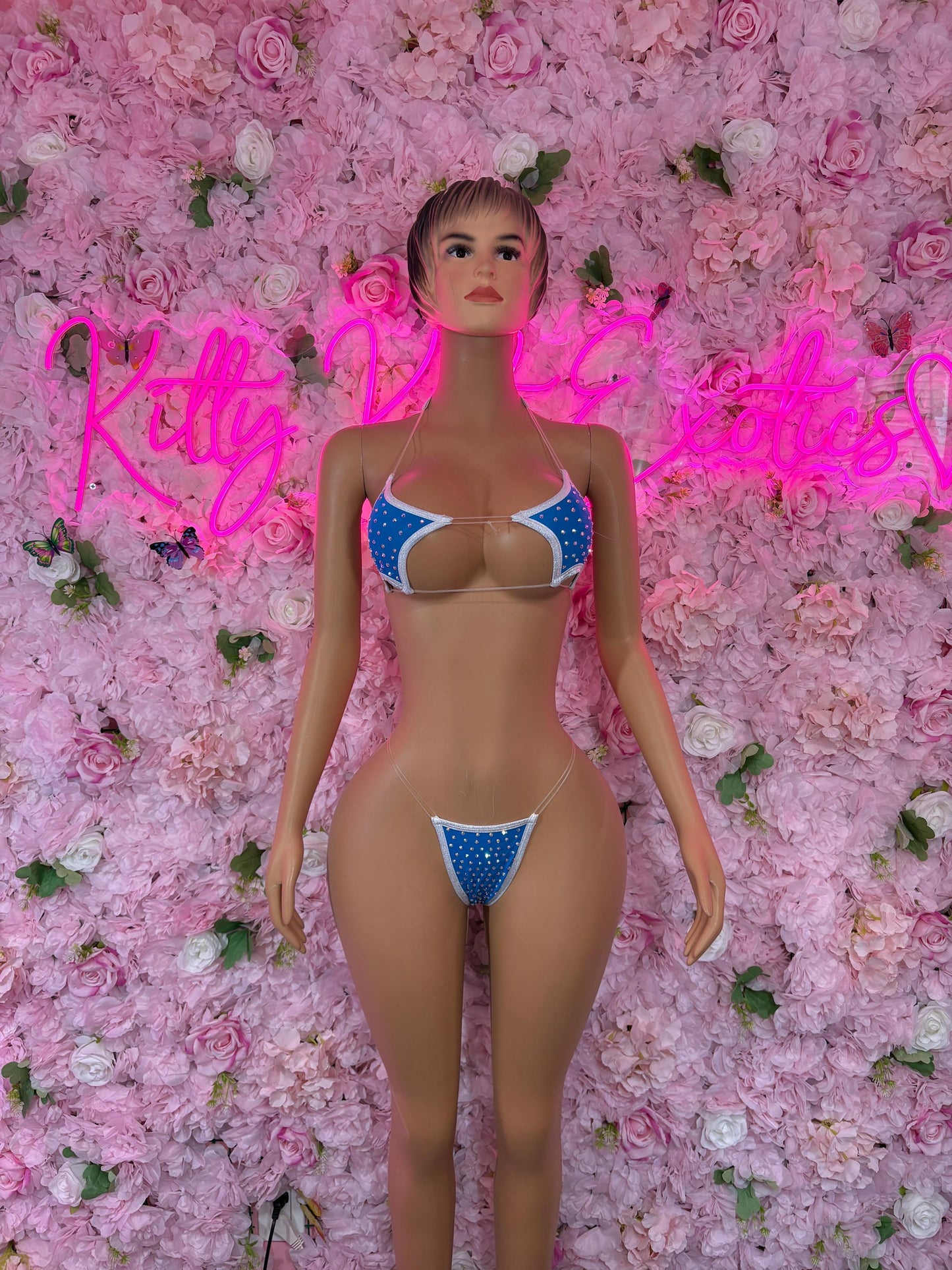 Rave Outfit Two Piece Blue Rhinestone - Exotic Dancewear Bikini Set | Festival Sparkle Outfit | Stripper Clubwear | EDM Costume |