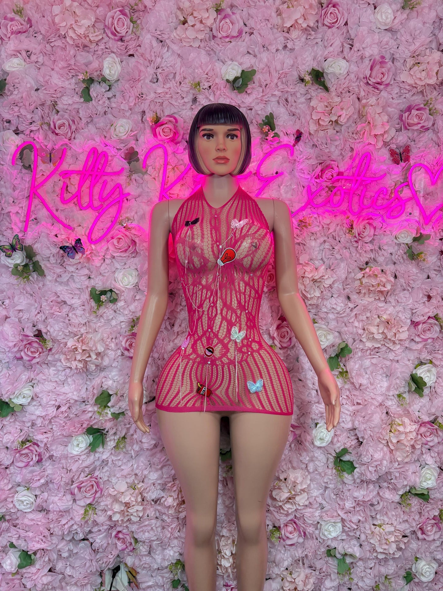 Custom Exotic Dancewear One-Piece Pink Fishnet Bodysuit  Rave Outfit | Festival wear