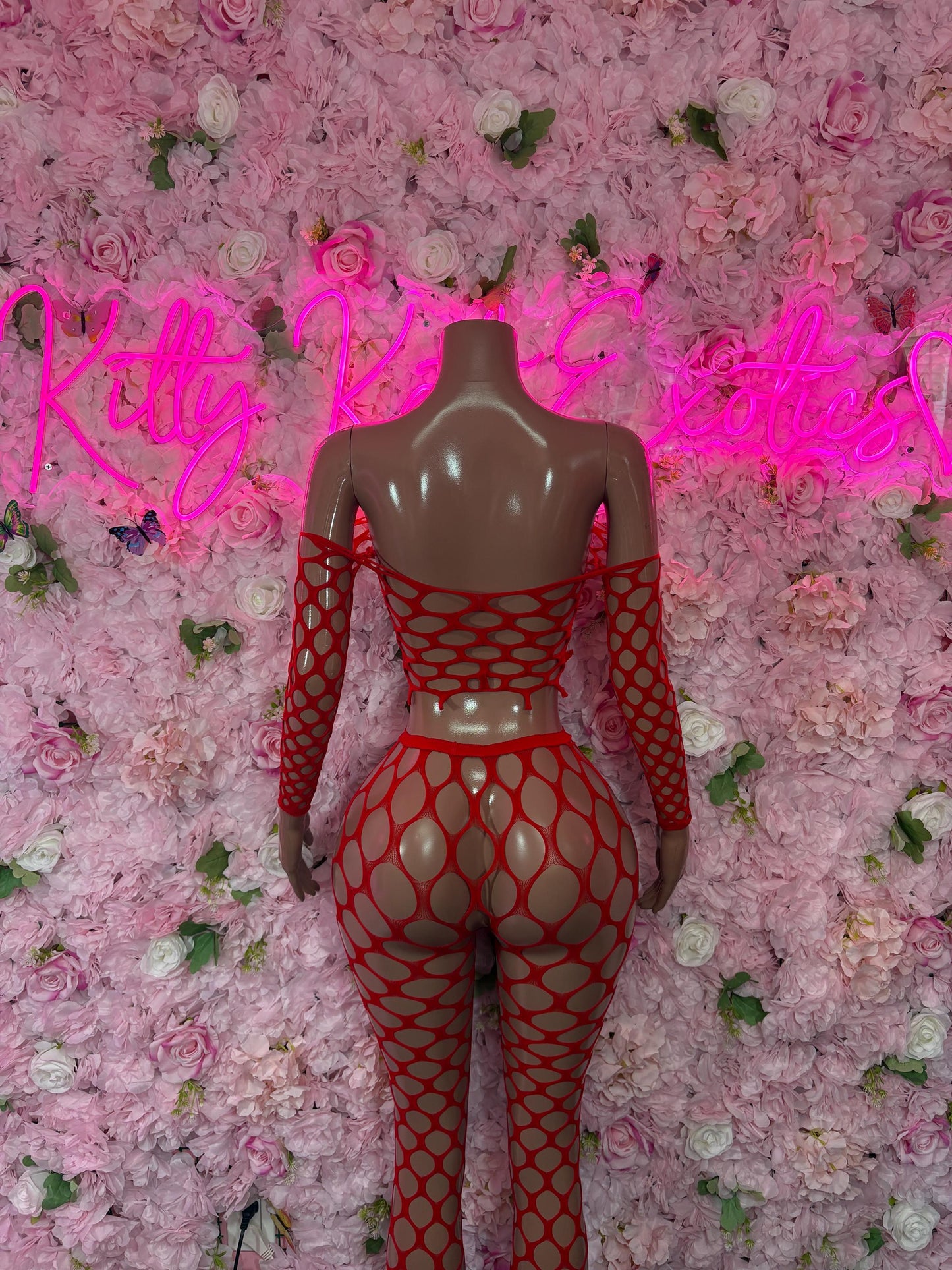 Exotic Dancewear Two-Piece Red Fishnet Bodysuit  Rave Outfit | Festival wear