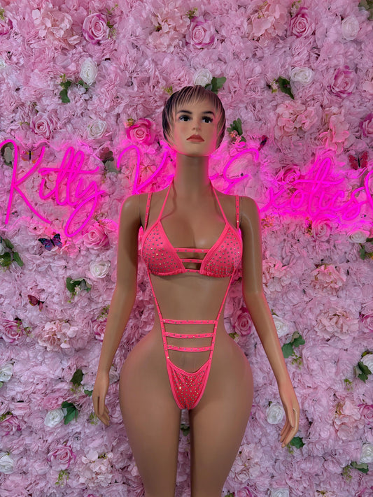Coachella One-Piece Coral Rhinestone Slingshot    Bartender  | Exotic Dancewear Festival wear Rave Outfit