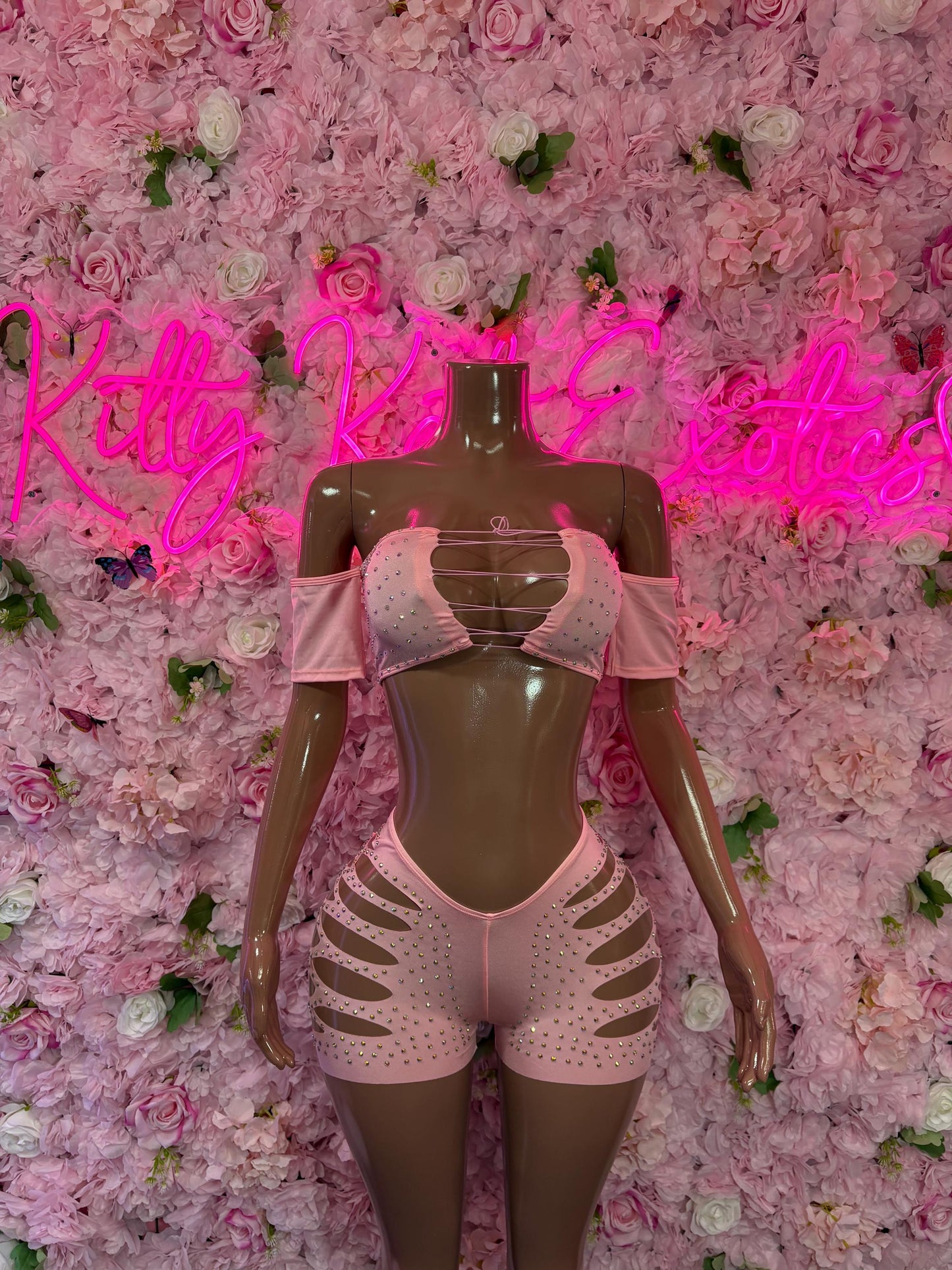 Exotic Dancewear Two-Piece Pink Rhinestone Bodysuit  Rave Outfit | Festival wear