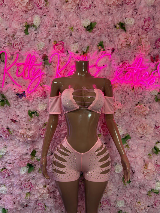Exotic Dancewear Two-Piece Pink Rhinestone Bodysuit  Rave Outfit | Festival wear