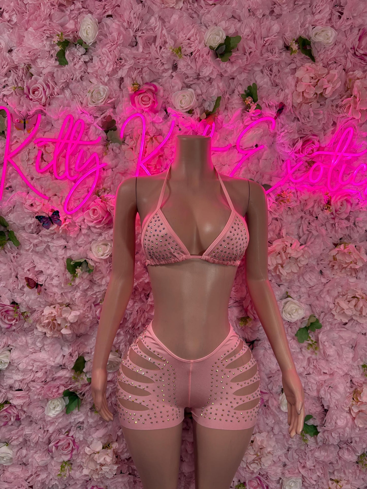 Coachella Outfit Two-Piece Pink Rhinestone Bodysuit  Rave Outfit | Festival wear