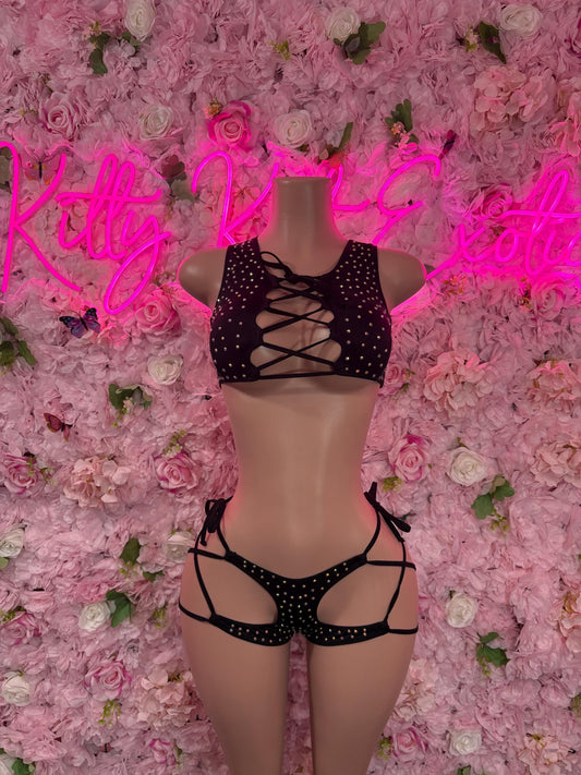 Exotic Dancewear Two-Piece Black  Rhinestone Bodysuit  Rave Outfit | Festival wear