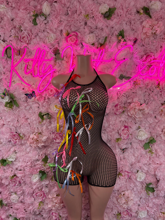 Rave Outfit One Piece Fishnet Black Ribbon Bodysuit Dancewear Exotic Wear Festival Wear