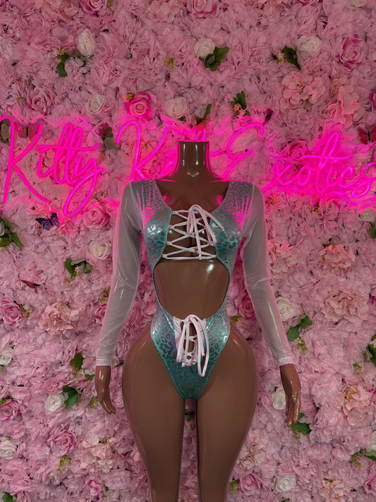 Bottle Girl One-Piece - Aqua Blue Cheetah Bodysuit | Exotic Dancewear for Performers, Raves, & Nights Out