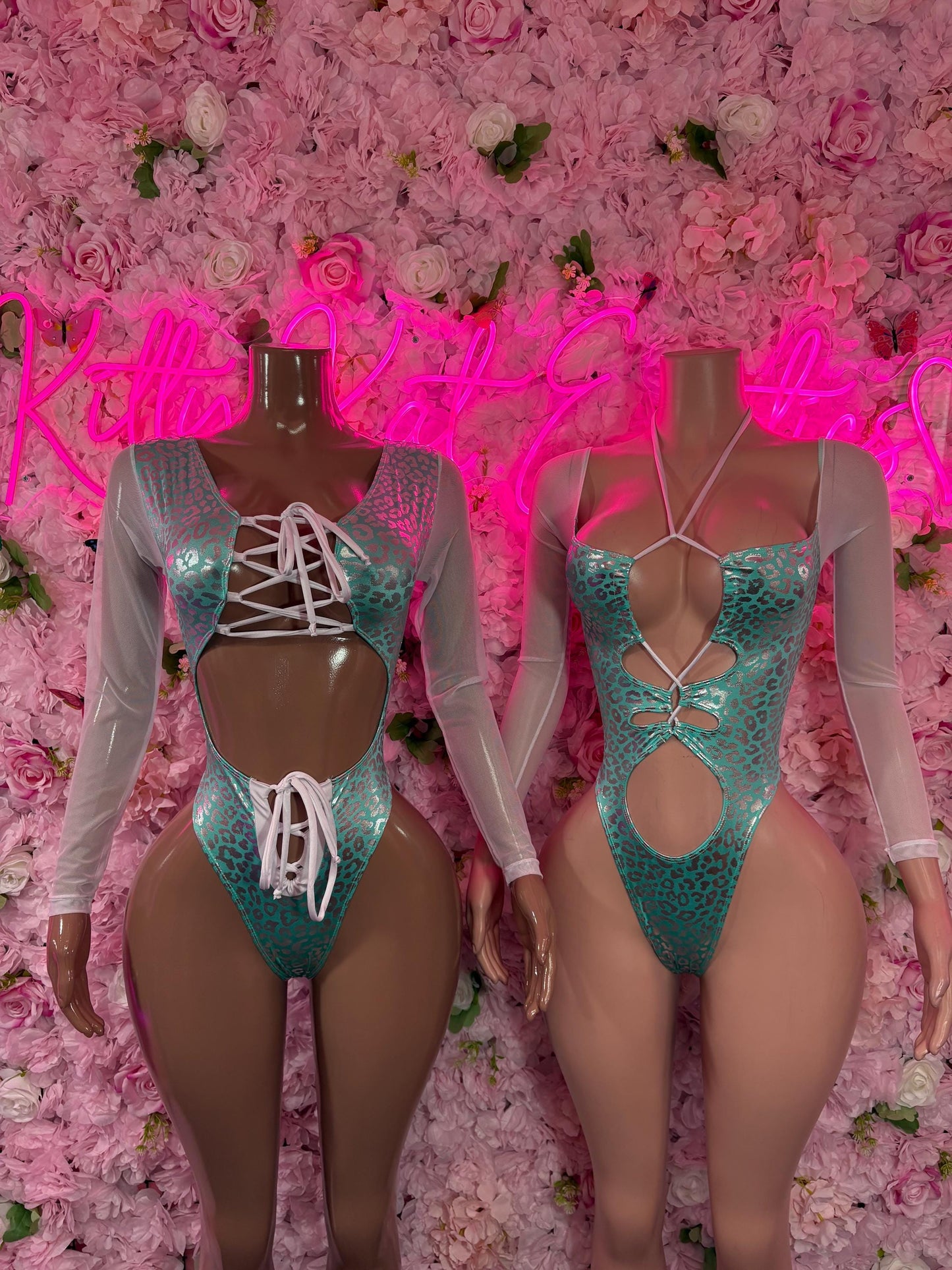 Bottle Girl One-Piece - Aqua Blue Cheetah Bodysuit | Exotic Dancewear for Performers, Raves, & Nights Out