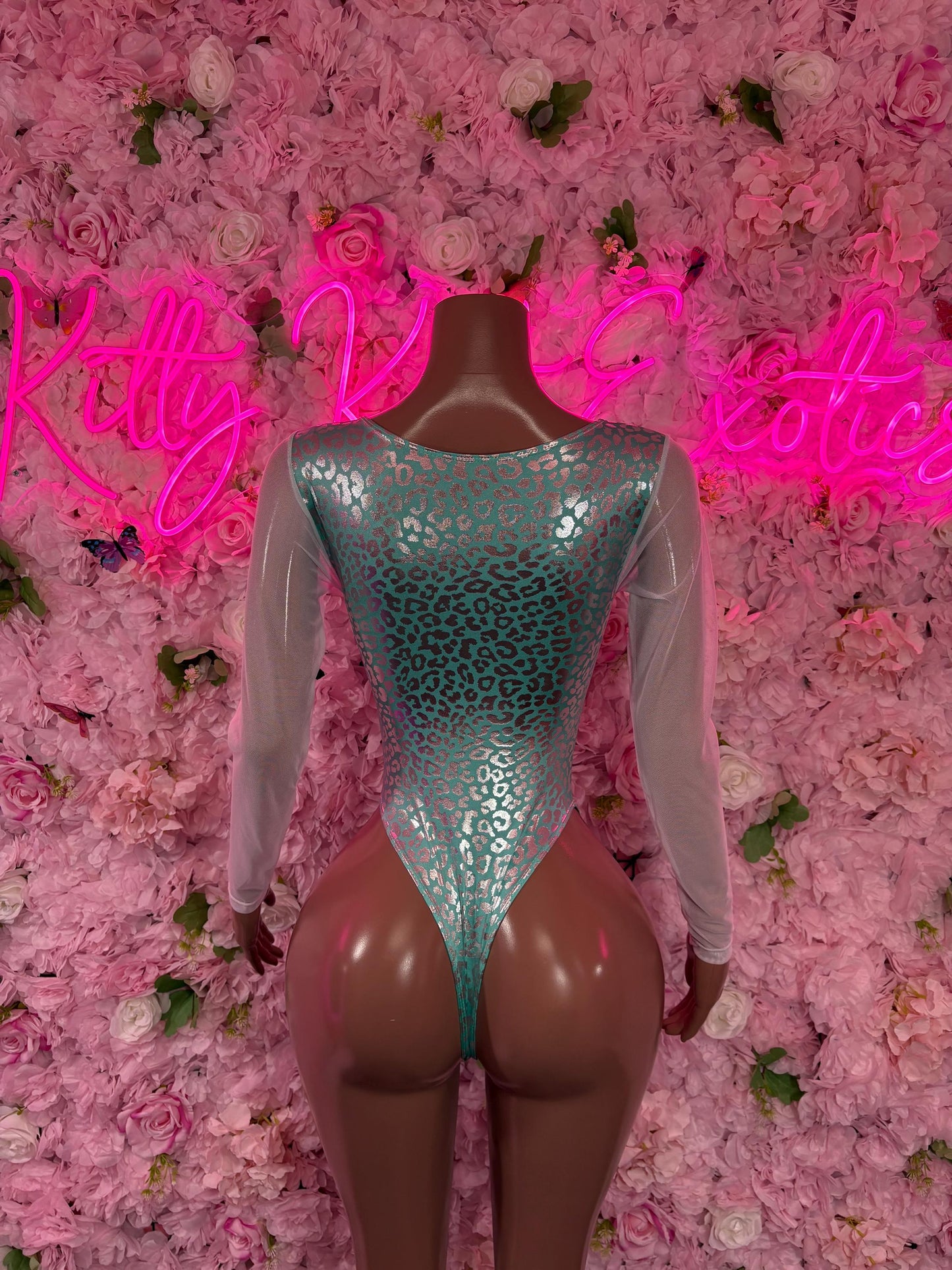 Bottle Girl One-Piece - Aqua Blue Cheetah Bodysuit | Exotic Dancewear for Performers, Raves, & Nights Out