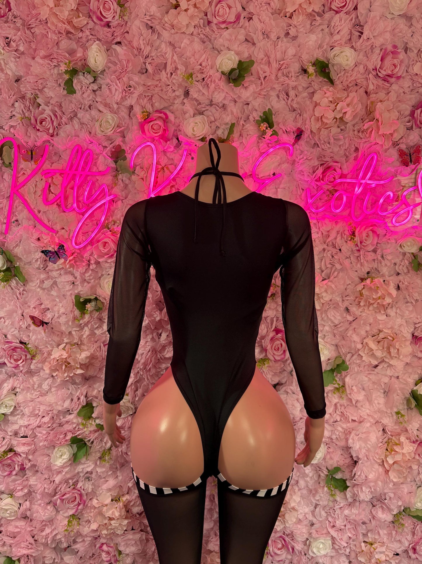 Black one-piece bodysuit, sheer back with tie cutout, long sleeves and thigh garters