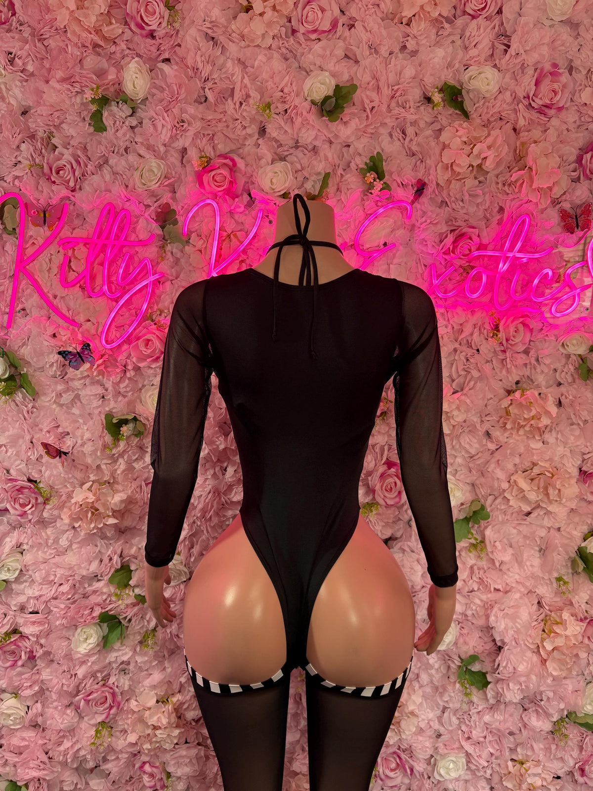 Black one-piece bodysuit, sheer back with tie cutout, long sleeves and thigh garters