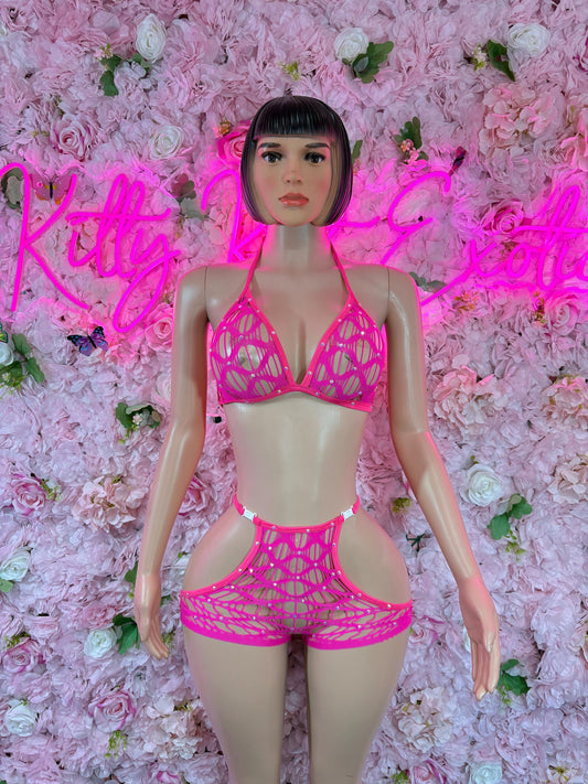 Exotic Dancewear - Two Piece Fishnet Pink - Ravewear,  Festival Outfit, EDM Dancewear