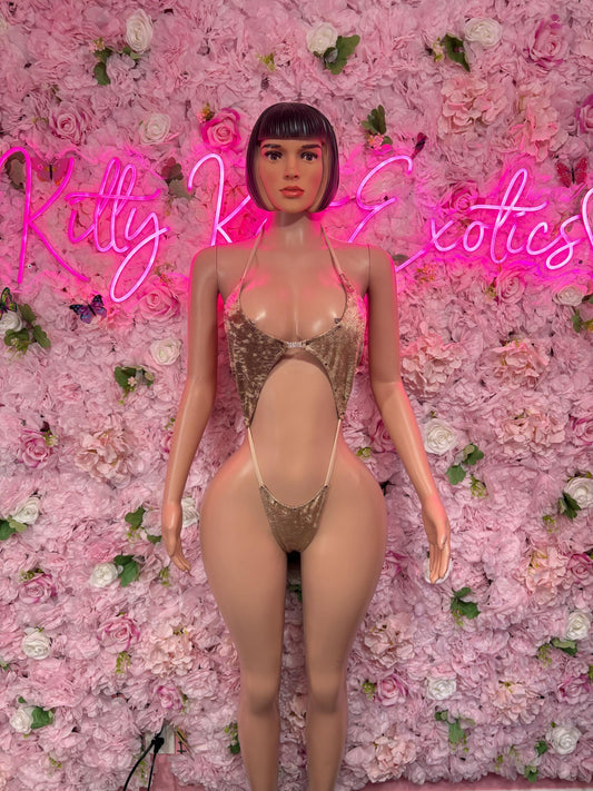 Exotic Dancewear One Piece Nude Velvet Slingshot -  Rave Oufit, Bartender Sexy for Performers, Events