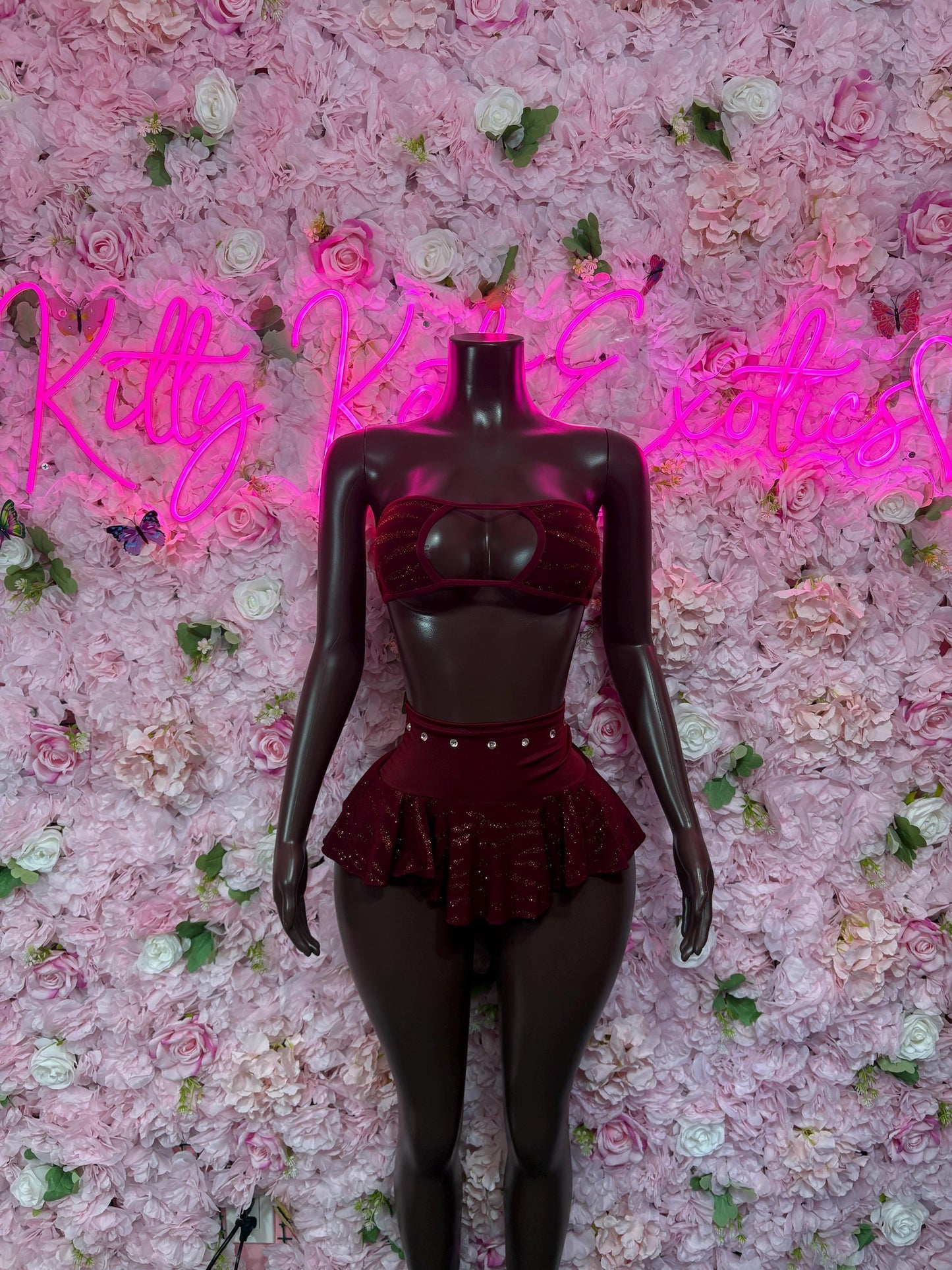 Rave Outfit - Two Piece Skirt Set Burgundy -  Ravewear - Sexy Festival Outfit, Clubwear, Performance Costume, EDM Party Rave Outfit