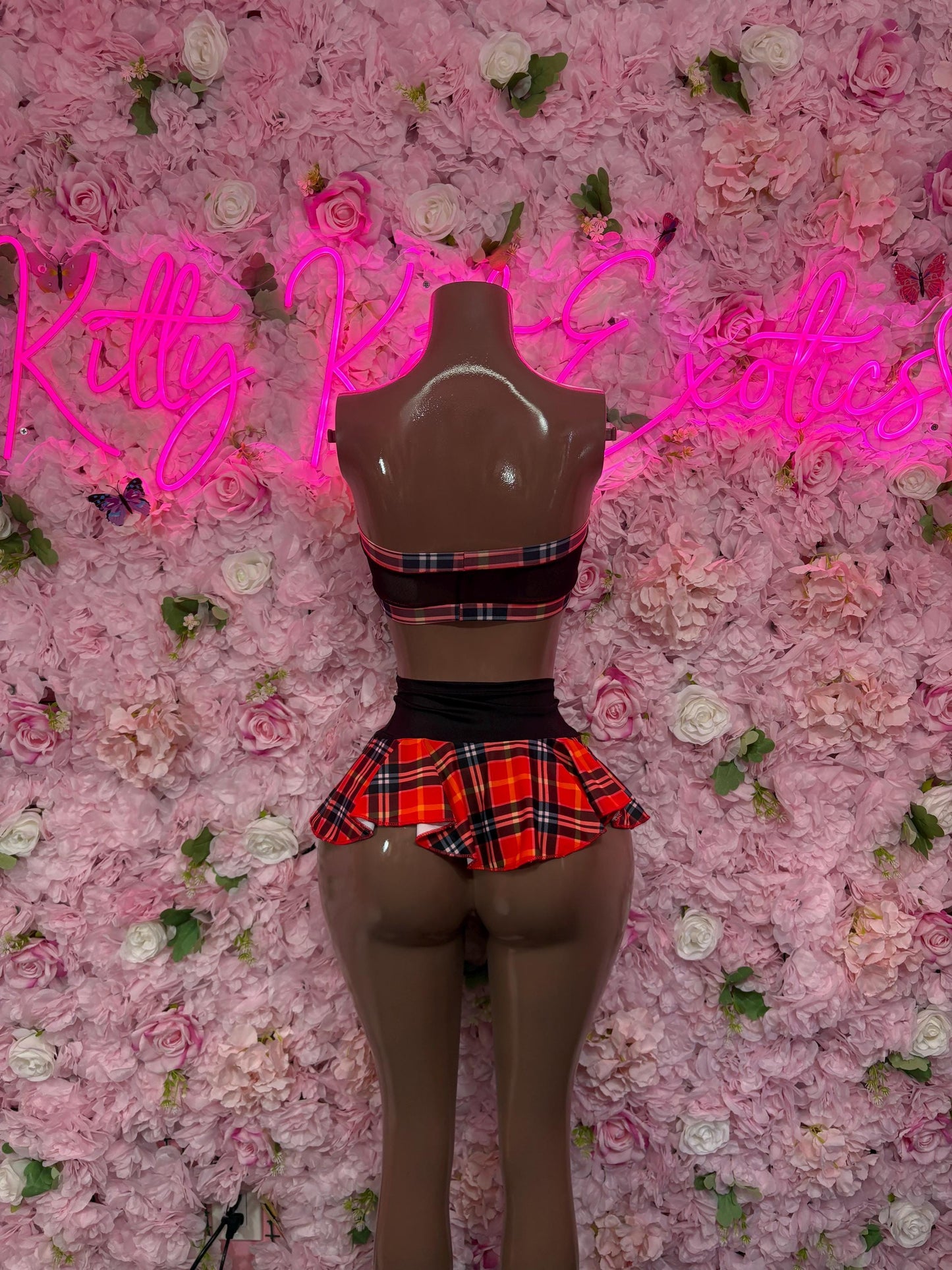 Exotic Dancewear - Two Piece Skirt Set  -  Red Plaid  - Sexy Festival Outfit, Clubwear, Performance Costume, EDM Party Wear