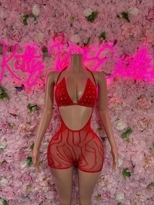 Exotic Dancer Two-Piece Fishnet Bodysuit - Red  | Exotic Dancewear for Performers, Raves, & Festival Clothing