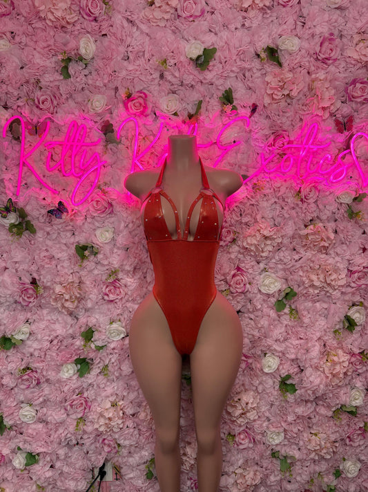 Exotic Dancewear  Orange Metallic One Piece Bodysuit    - Sexy Performance Costume, Latin Sultry, Bold Dance Outfit