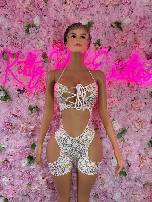 Bottle Girl One-Piece Bodysuit -  White gold Cheetah  Design | Exotic Dancewear for Performers, Raves, &