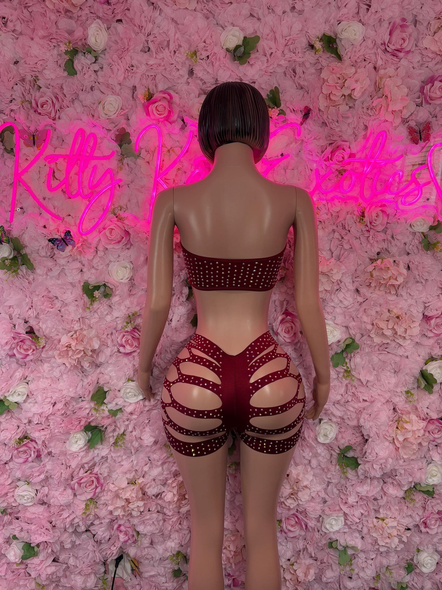 Exotic Dancewear Two-Piece Burgundy Rhinestone Costume  Sparkly Stripper Outfit, Go-Go Dancer Set, Festival & Rave Wear