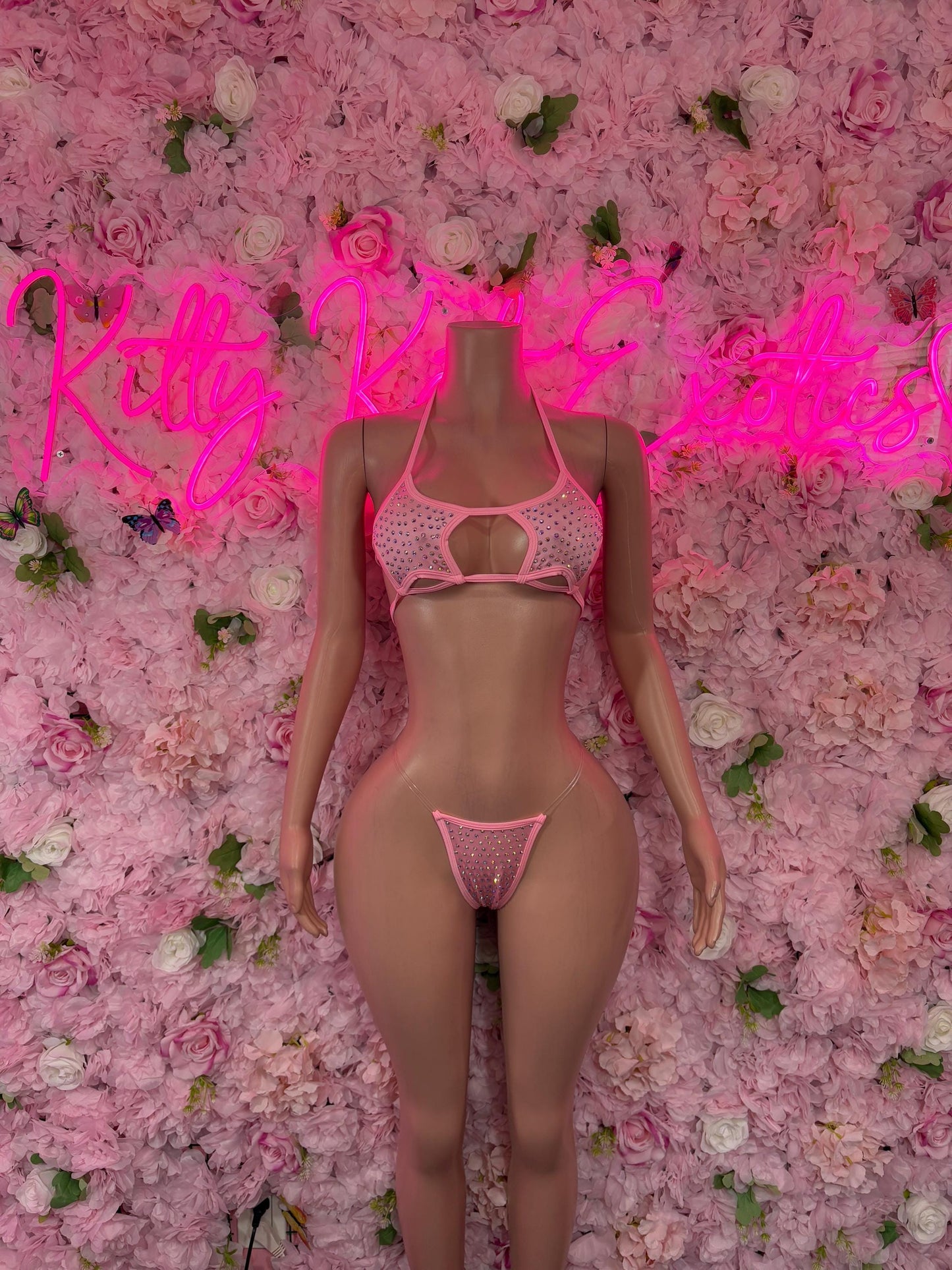 Womens Festival Outfit Two-Piece Pink Rhinestone Bikini  Sparkly Stripper Outfit, Festival & Dancer