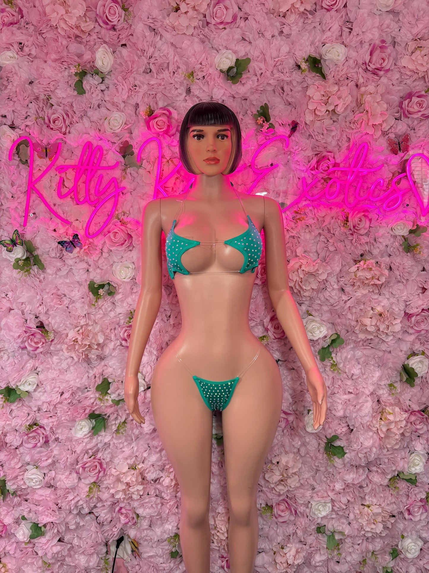 Rave Outfit Two Piece Green Rhinestone - Exotic Dancewear Bikini Set | Festival Sparkle Outfit | Stripper Clubwear | EDM Costume |