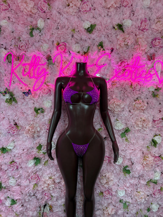 Rave Outfit Two Piece Purple Rhinestone - Exotic Dancewear Bikini Set | Festival Sparkle Outfit | Stripper Clubwear | EDM Costume |
