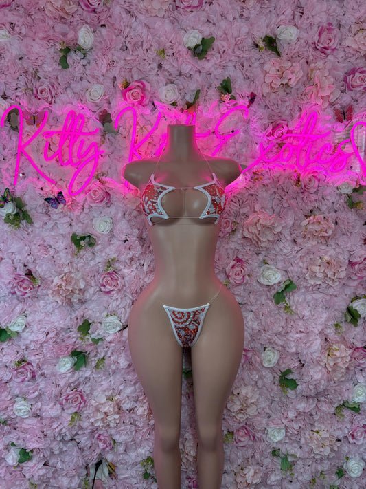 Rave Outfit Two Piece Red Rhinestone - Exotic Dancewear Bikini Set | Festival Sparkle Outfit | Stripper Clubwear | EDM Costume |