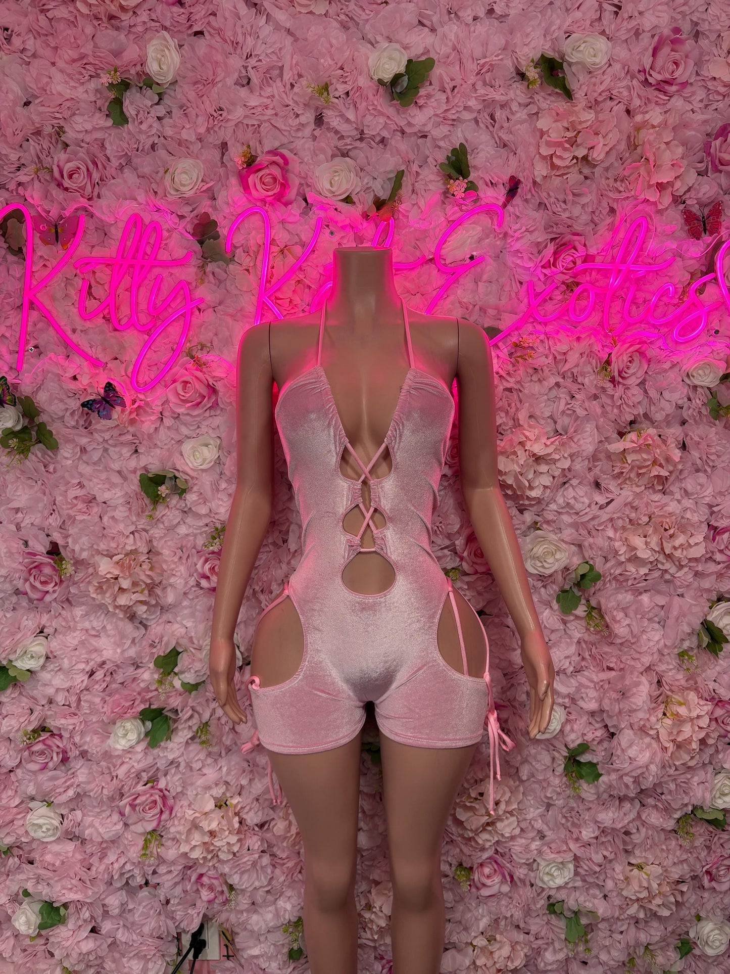 Rave Outfit - Bottlegirl One Piece Bodysuit Pink Velvet- Sexy Performance Costume, Exotic Dancewear, Bold Dance Outfit