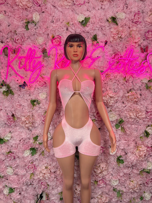 Rave Outfit - Bottlegirl One Piece Bodysuit Pink Velvet- Sexy Performance Costume, Exotic Dancewear, Bold Dance Outfit