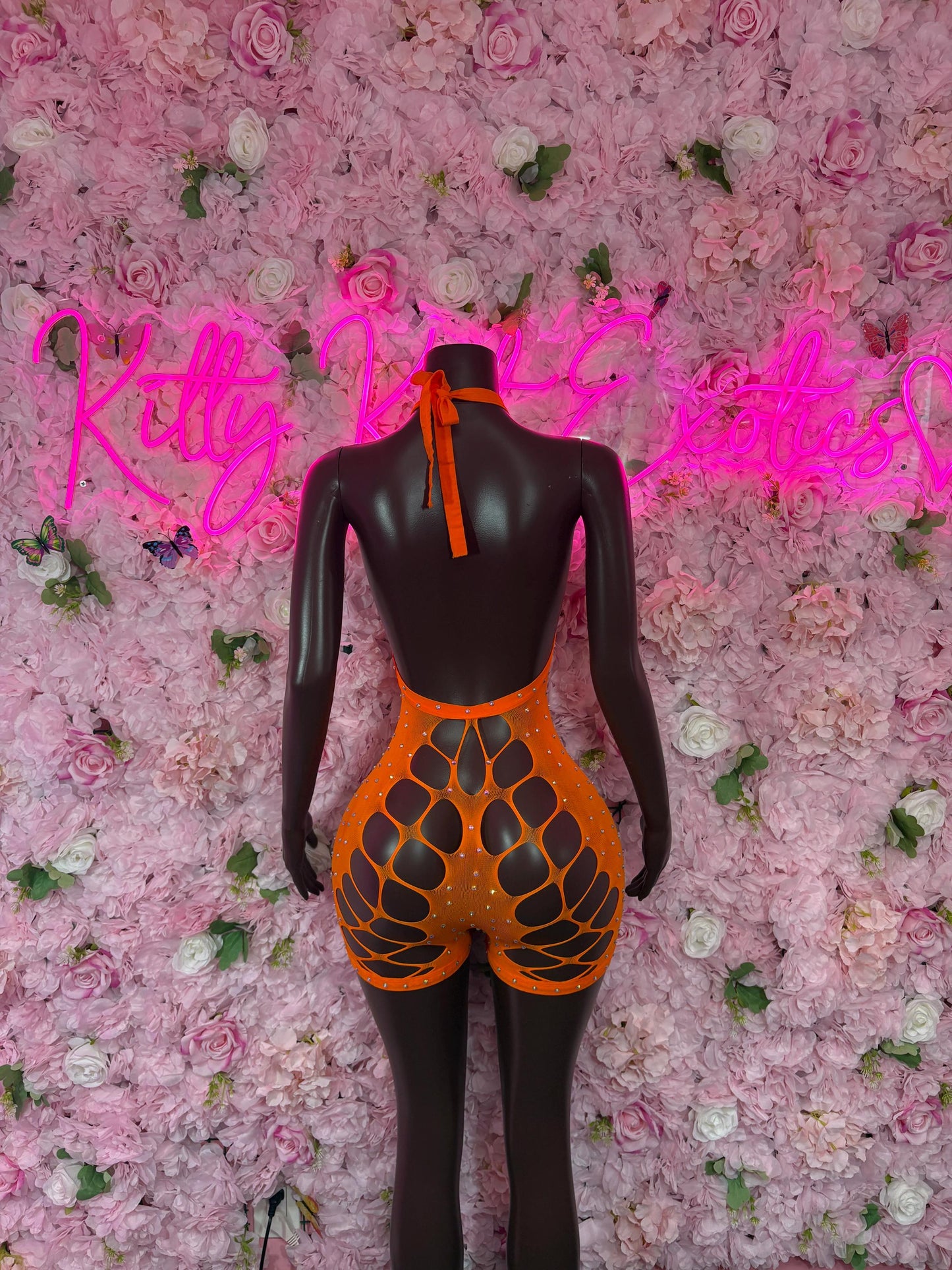 Exotic Dancewear One-Piece Orange Fishnet Bodysuit  Rave Outfit | Festival wear