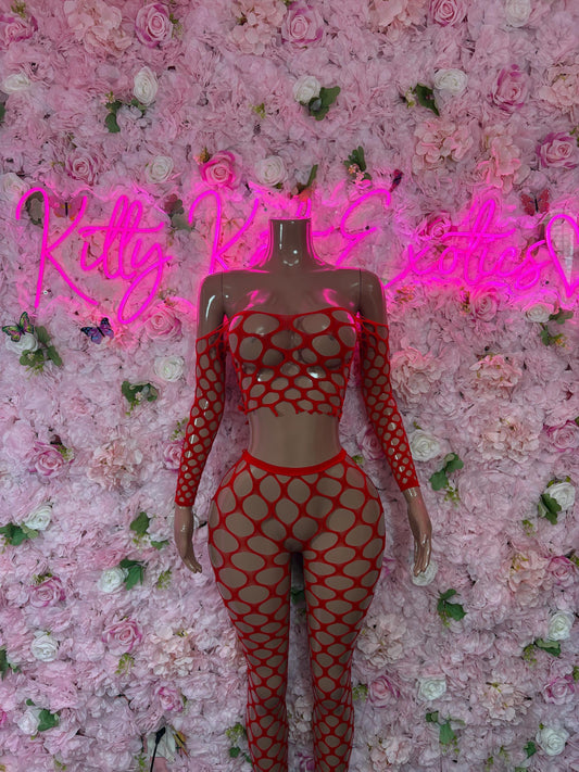 Exotic Dancewear Two-Piece Red Fishnet Bodysuit  Rave Outfit | Festival wear