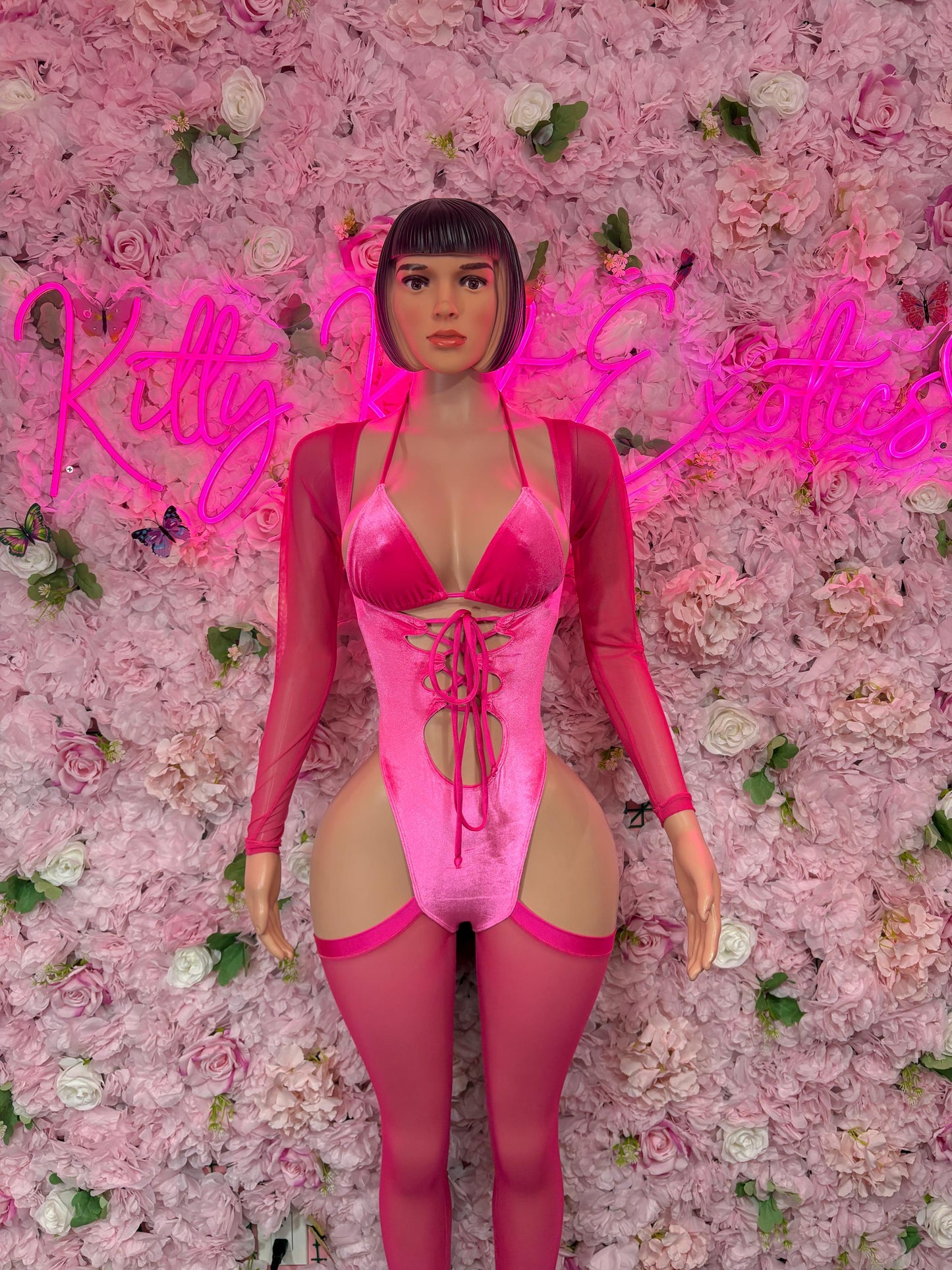Bottlegirl Bartender Outfit One Piece Bodysuit Pink Velvet  - Sexy Performance Costume, Exotic Dancewear, Bold Dance Outfit