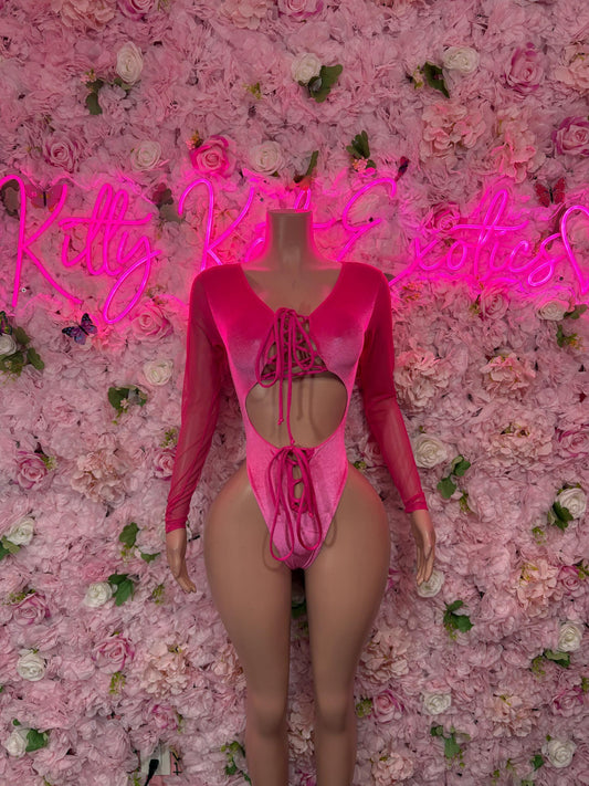 Bottlegirl Bartender Outfit One Piece Bodysuit Pink Velvet  - Sexy Performance Costume, Exotic Dancewear, Bold Dance Outfit