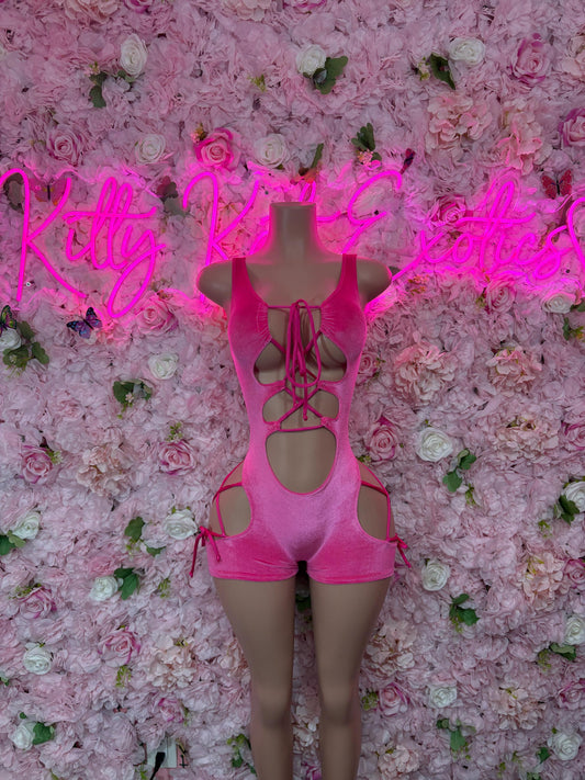 Bottlegirl Bartender Outfit One Piece Bodysuit Pink Velvet  - Sexy Performance Costume, Exotic Dancewear, Bold Dance Outfit