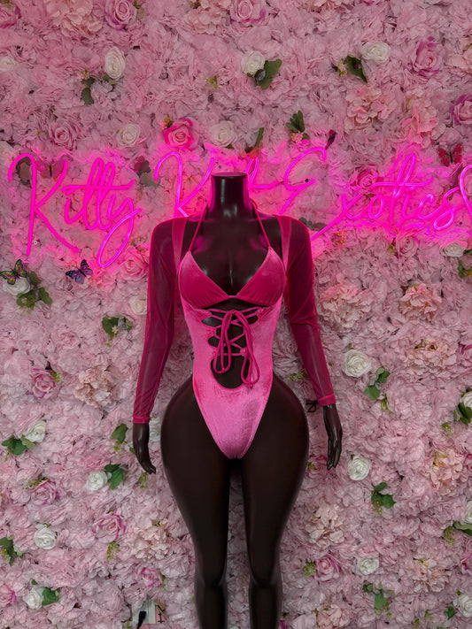 Rave Wear - Bottlegirl One Piece Bodysuit Pink Velvet  - Sexy Performance Costume, Exotic Dancewear, Bold Dance Outfit