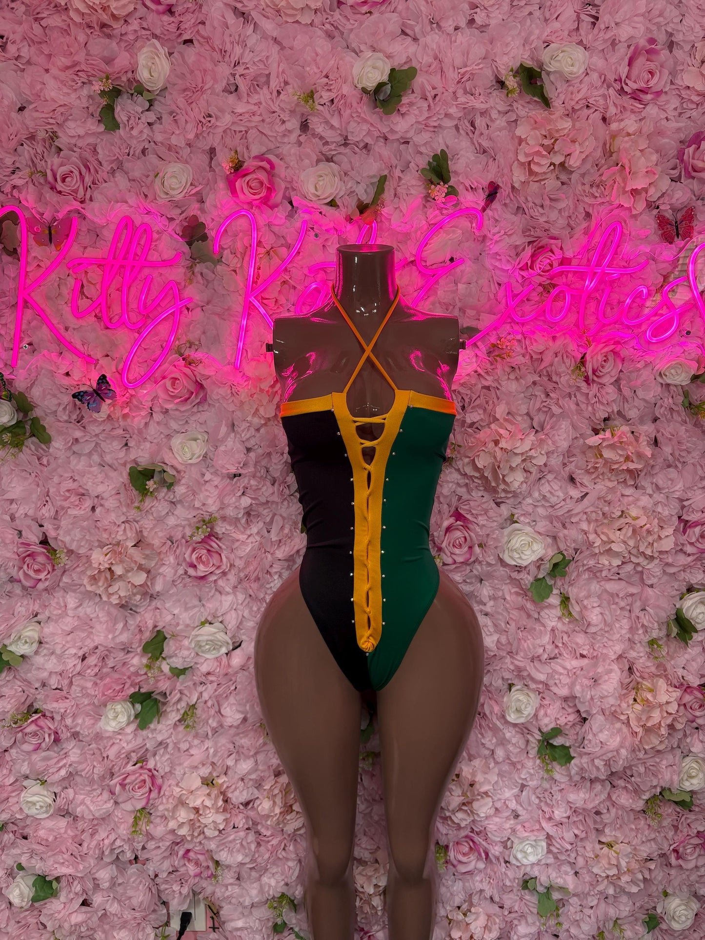 Jamaica flag bodysuit swimsuit with vertical lace-up detail and yellow-green-blue panels