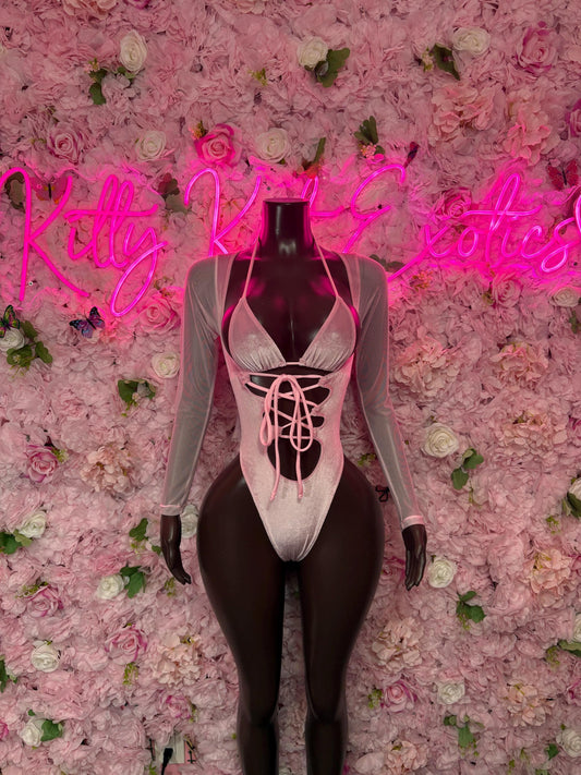 Bottlegirl One Piece Bodysuit Pink Velvet  - Sexy Performance Costume, Exotic Dancewear, Bold Dance Outfit, Womens Party Outfit