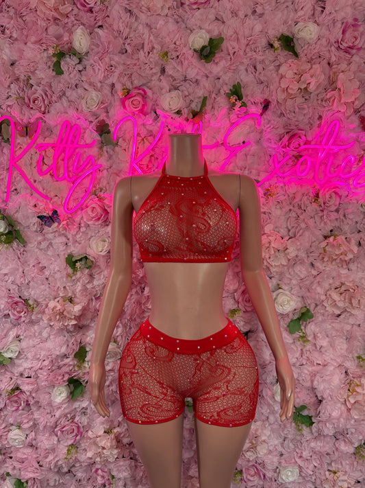 Exotic Dancewear Two Piece Fishnet Red Dancewear Exotic Wear Festival Wear