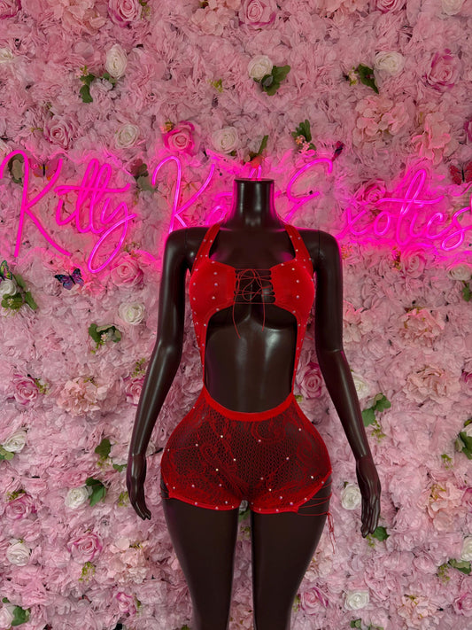 Exotic Dancewear Two Piece Fishnet Red Dancewear Exotic Wear Festival Wear