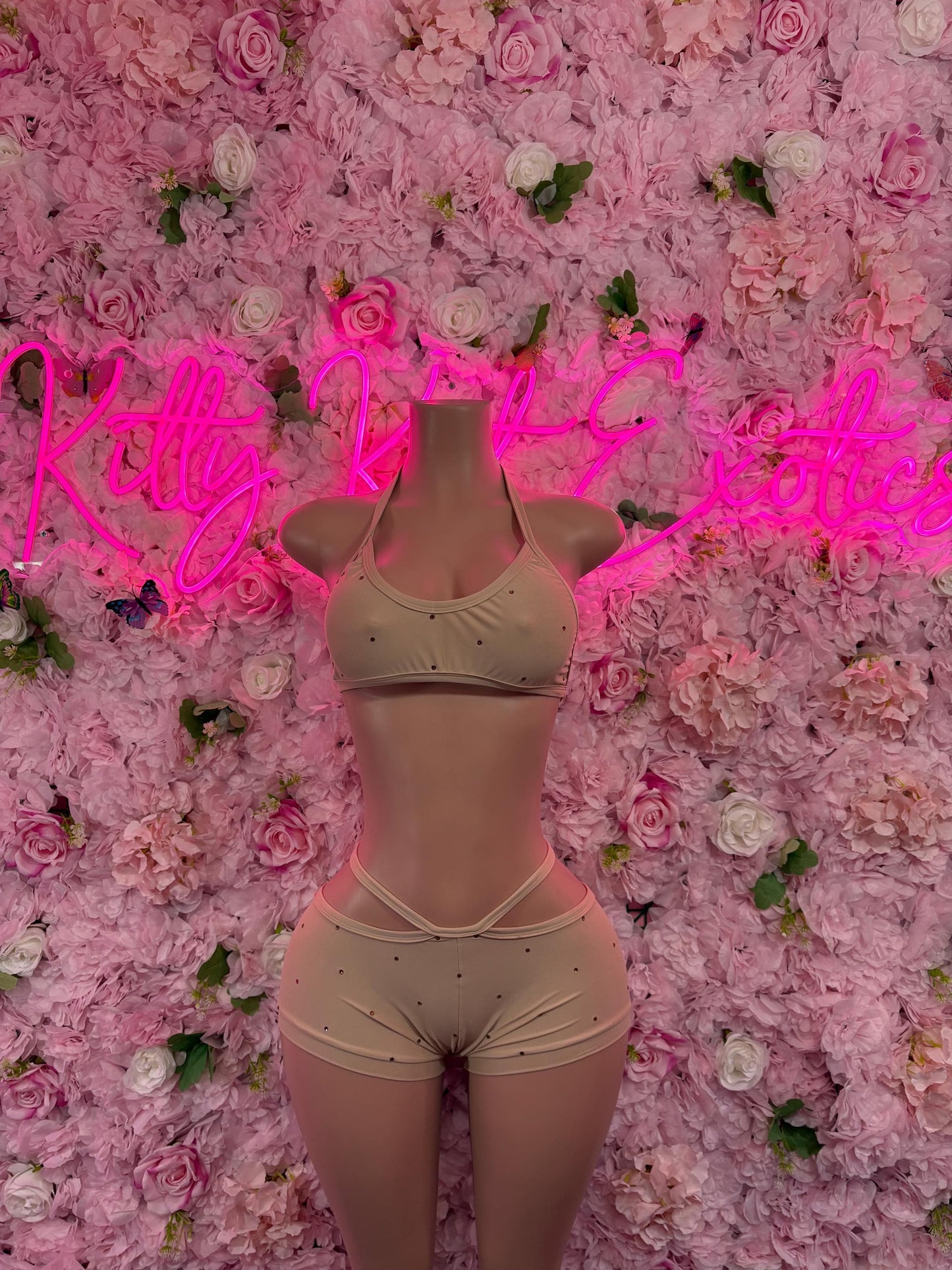 Rave Outfit Two Pice Set Nude Crop Top | Festival Outfit | Sexy Dancewear | Exotic Clubwear | Bottle Girl Outfit