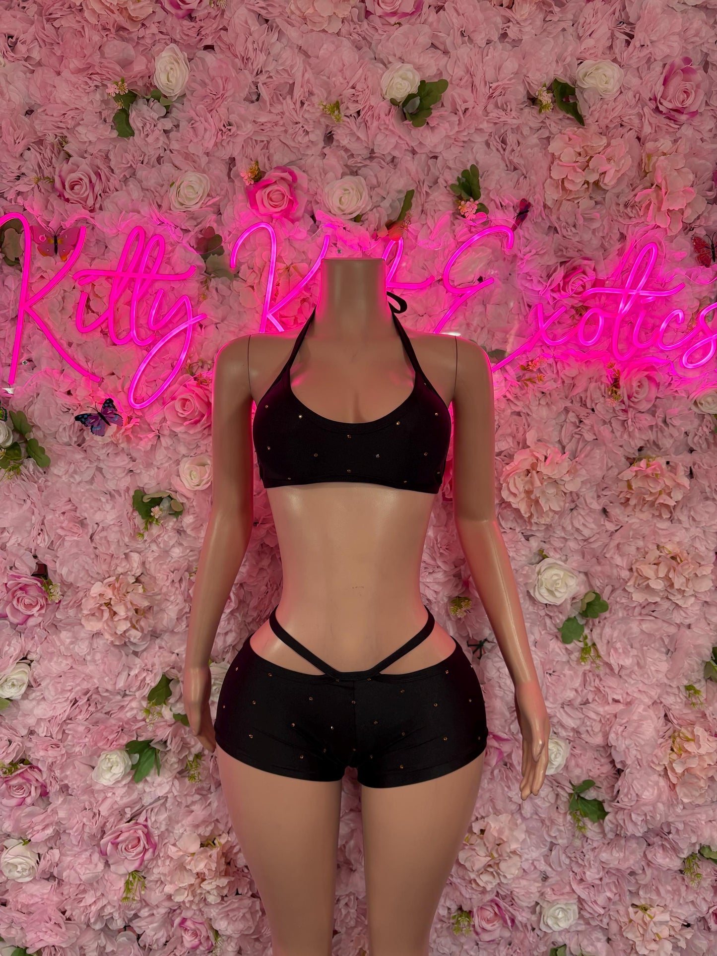 Rave Outfit Two Pice Set Black Crop Top | Festival Outfit | Sexy Dancewear | Exotic Clubwear | Bottle Girl Outfit