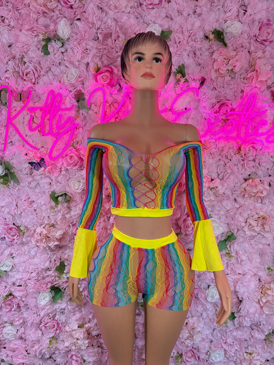 Rave Outfit   One -Piece Rainbow Fishnet Bodysuit  Festival & Rave Wear, Dancewear for Women