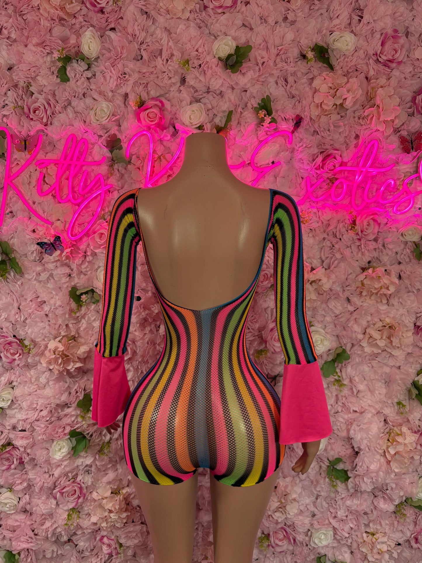 Rave Outfit   One -Piece Rainbow Fishnet Bodysuit  Festival & Rave Wear, Dancewear for Women