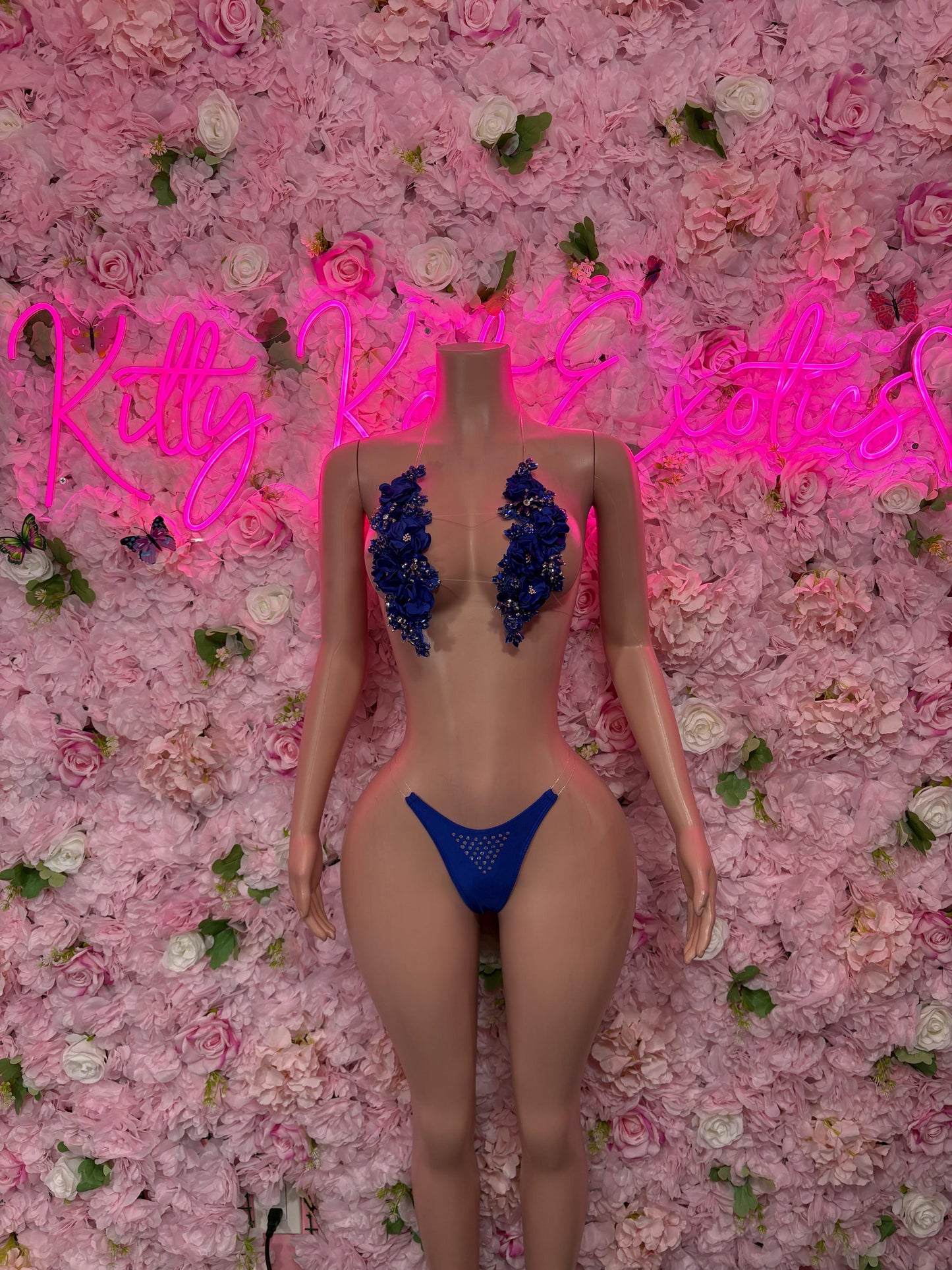 Exotic Dancewear Two Piece Blue Rhinestone Floral Set Dancewear Festival Wear Exotic Ravewear Costume Performer Outfit