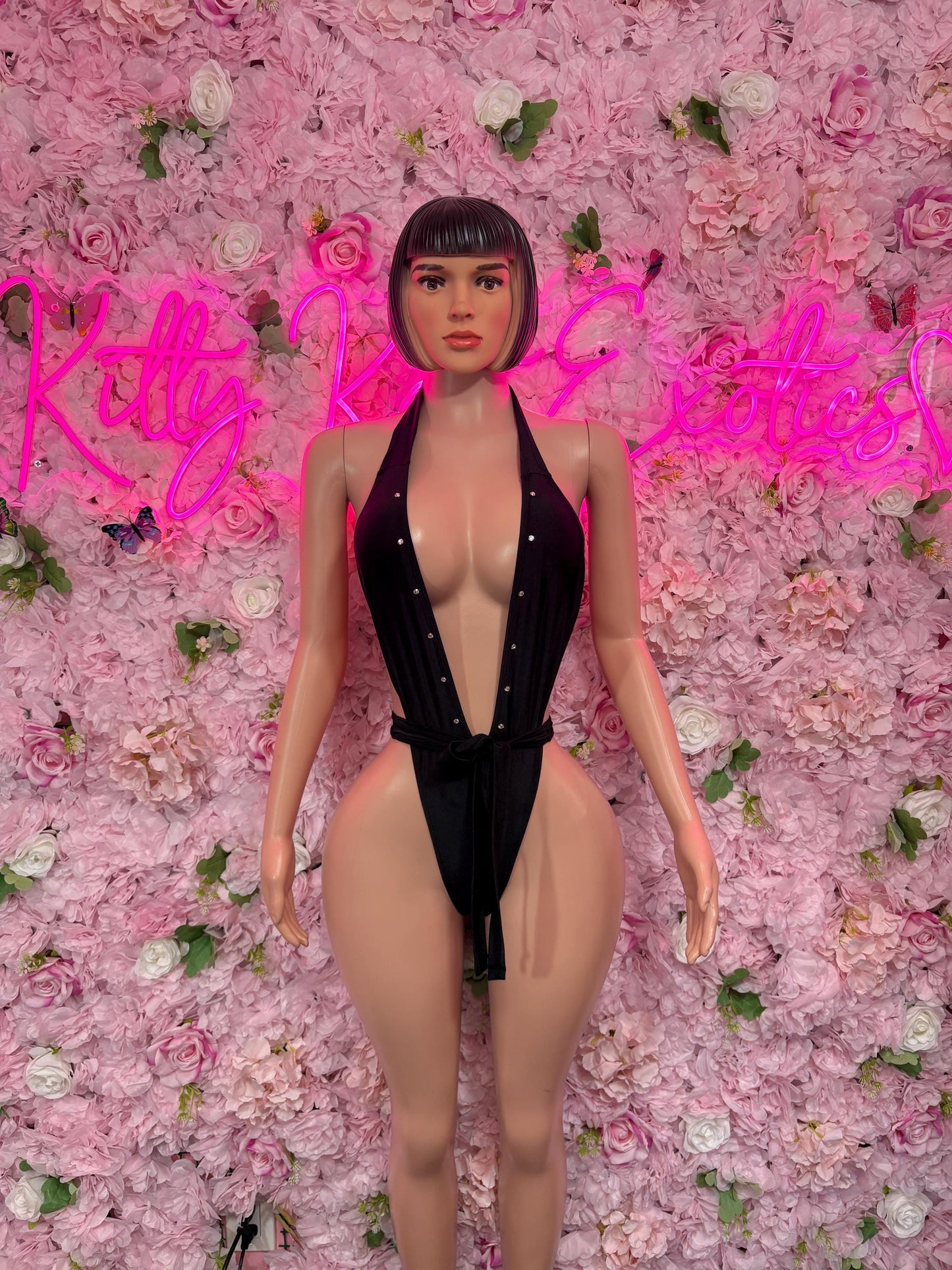 Black halter one-piece bodysuit with deep V front and tie waist