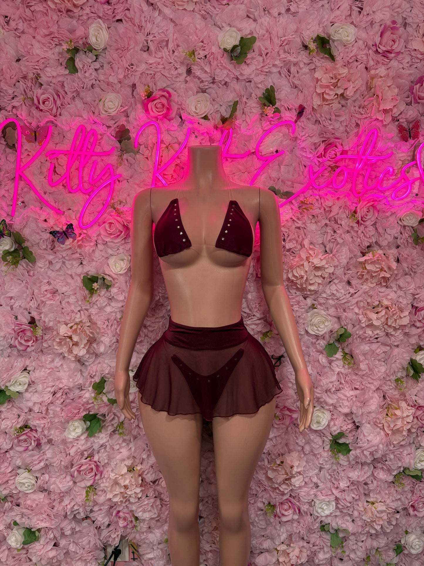 Exotic Dancewear - Two Piece Skirt Set  -  Burgundy - Sexy Festival Outfit, Clubwear, Performance Costume, EDM Party Wear